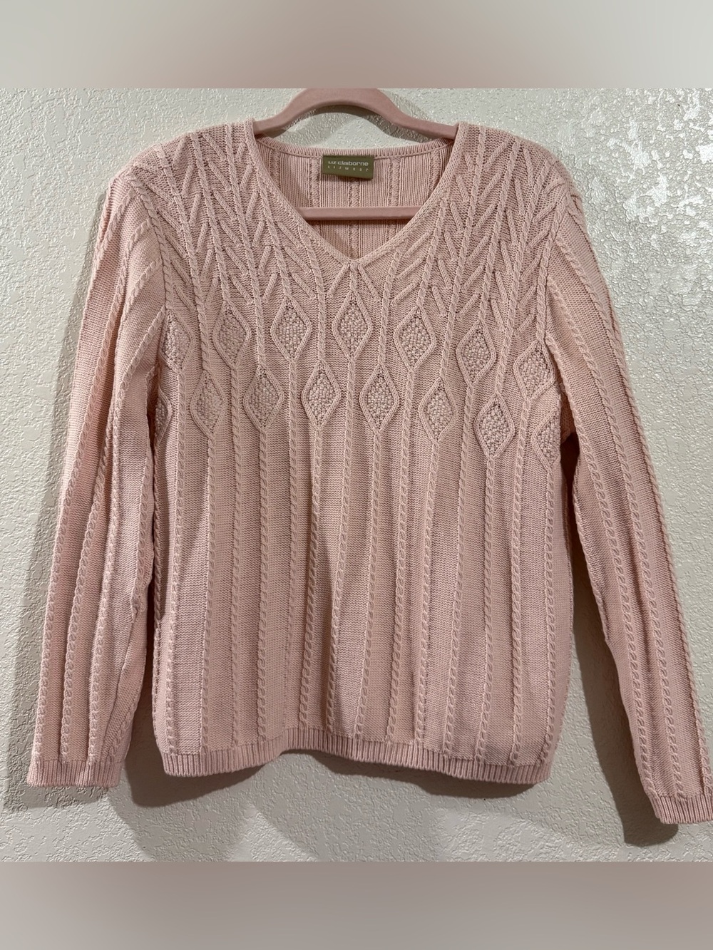 Liz Claiborne Women's Pink Cable V-Neck Sweater